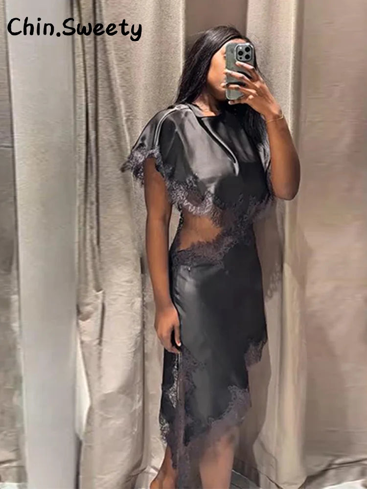 Elegant Satin Spliced Lace Long Dress Women Hollow Out O-neck Short Sleeve Asymmetric Dresses 2026 Spring Lady Chic Party Robes