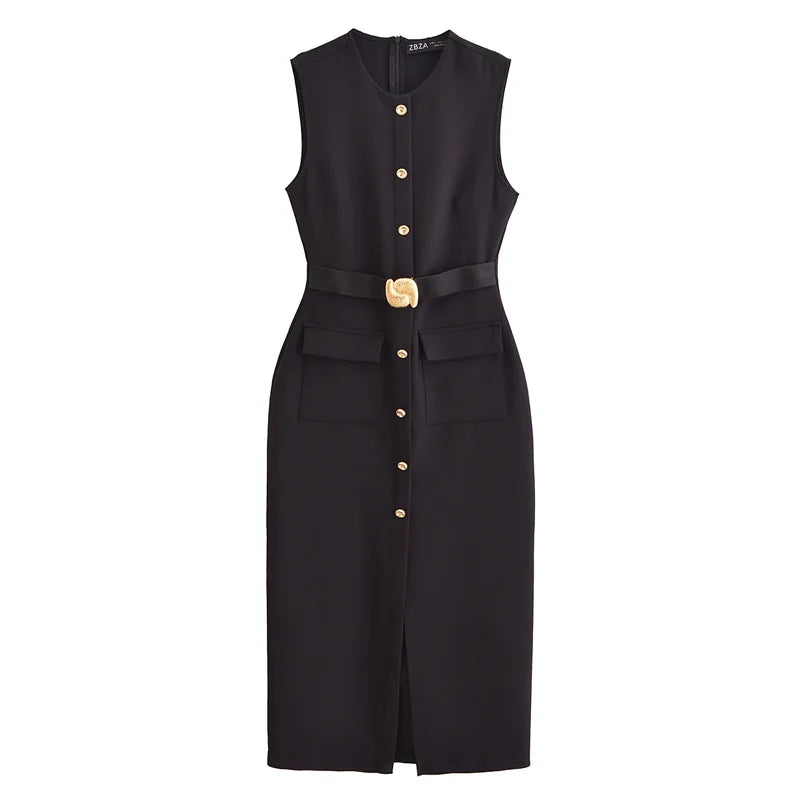 HXAO Women's Black Dress Summer 2025 Sleeveless Elegant Formal Dresses For Women Belt Vest Long Dress Button Casual Dresses