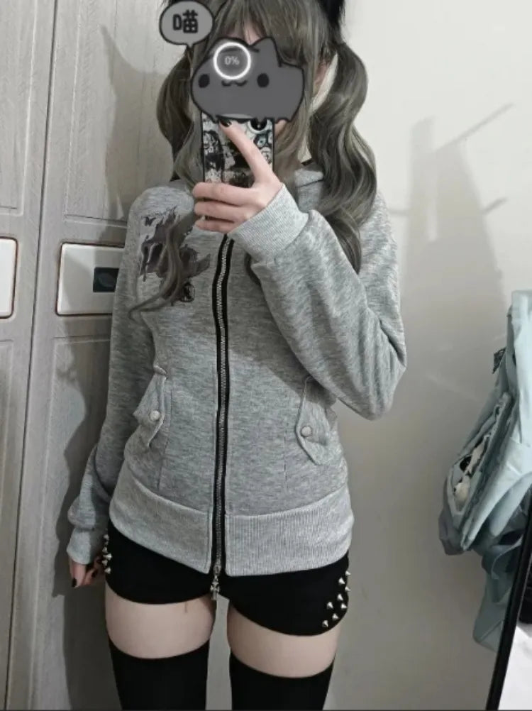 Y2k Aesthetic Vintage Printing Pocket Hoodies Gothic Fairy Grunge Hooded Jackets Autumn Women Double Zippers Punk Sweatshirt