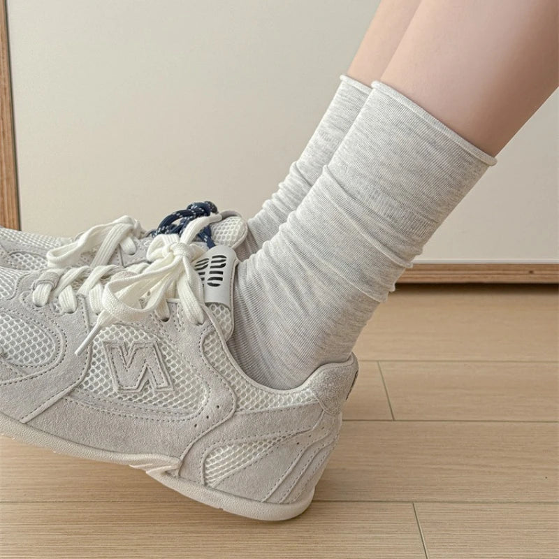 Women Socks Japanese Fashion Cotton Thin Breathable Long Socks Women Korean Style Casual Solid Color Black White Gray Socks Sox