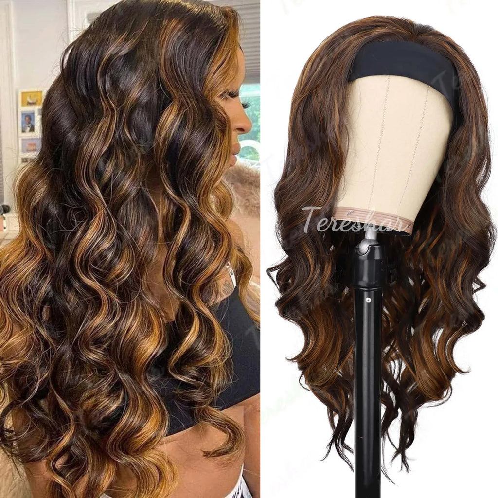 Synthetic Long Wavy Headband Wig for Women Headband Wigs Put On and Go Wig Long Curly Wig for Women Party Daliy Use