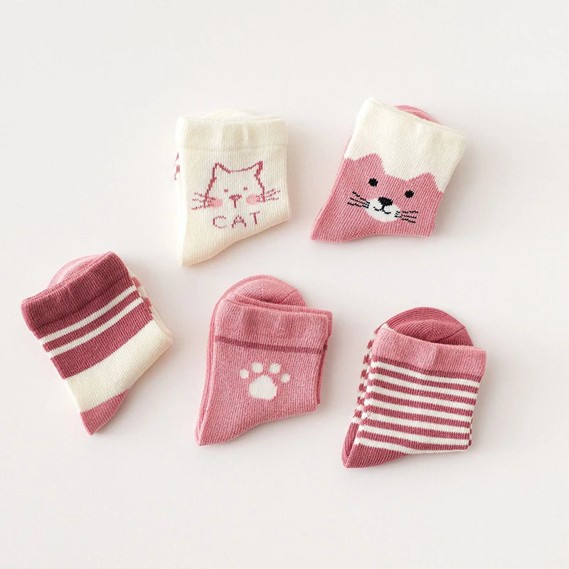 5Pair Cartoon Kids Socks Pink Cat Princess Girl Sock Cotton Keep Warm Winter Middle Tube Socks Baby Footwear Children Sokken Sox