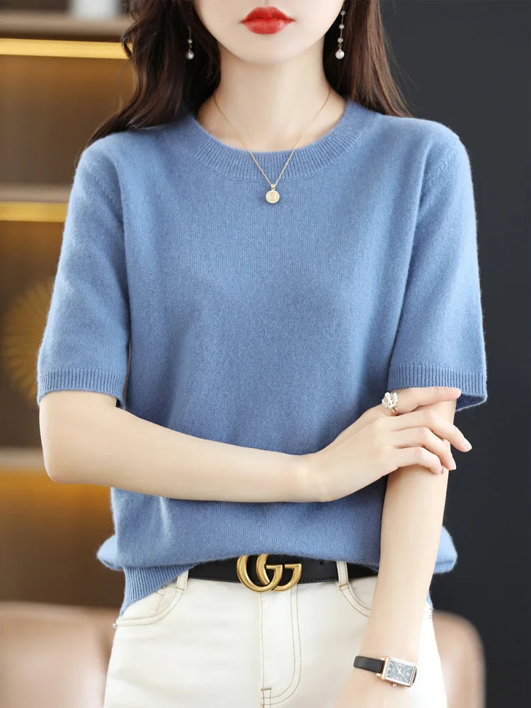 Short Sleeves Women's Sweater O-neck Bottoming Shirts Solid Spring Summer Korean Fashion Sweater Knit Top Casual Basic Pullovers
