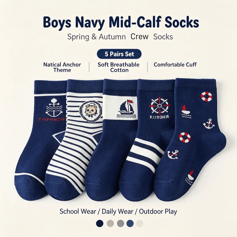 Captain Baby Socks Spring Summer Cotton Socks Kids Boys Calf-length Striped Socks Children's  Sport Socks 5 Pairs
