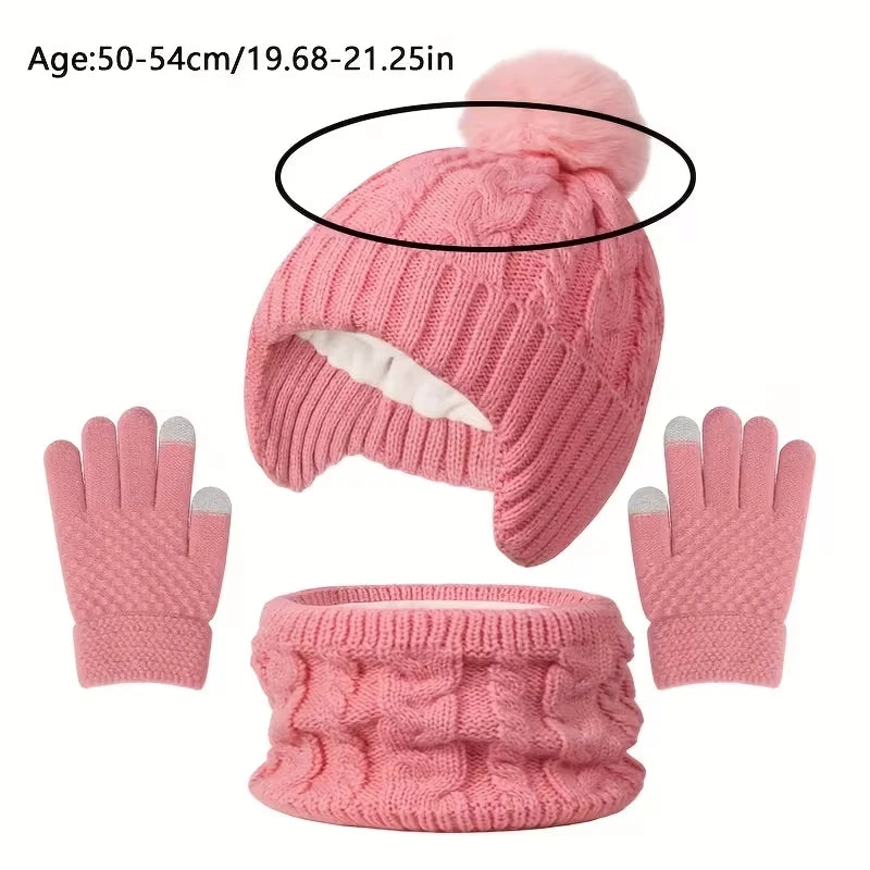 3Pcs/set Children Hat Scarf Gloves Winter Plush Velvet Knitted Hats for Girls Boys Cute Pompom Beanie Kids Warmer Accessories