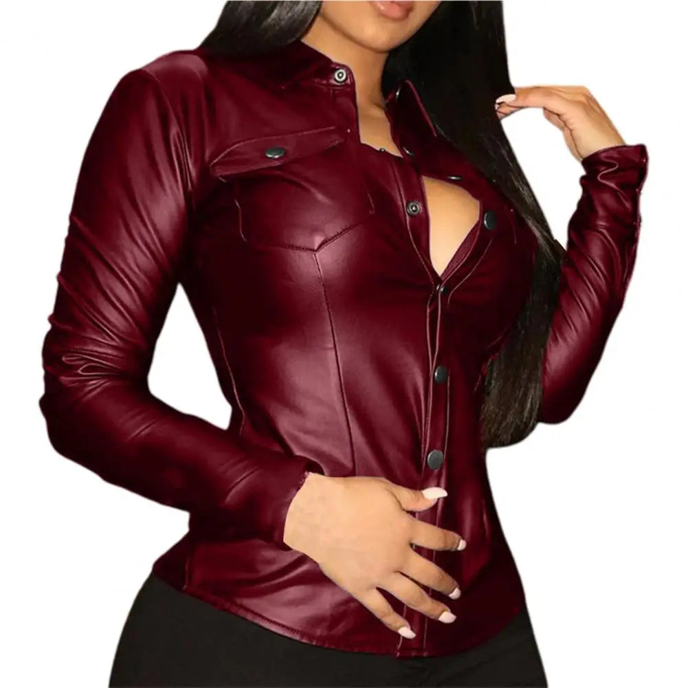 Women's PU Leather Shirt Top Loose V-neck Long Sleeved Buttons Pocket Faux Leather Women Shirt Top Women Blouse Streetwear