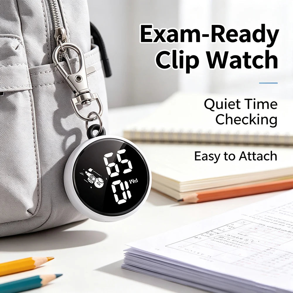 New Silent Digital Exam Keychain Watches for Kids Portable Round Hanging Backpack Large Screen Pocket Watch for Student Girls