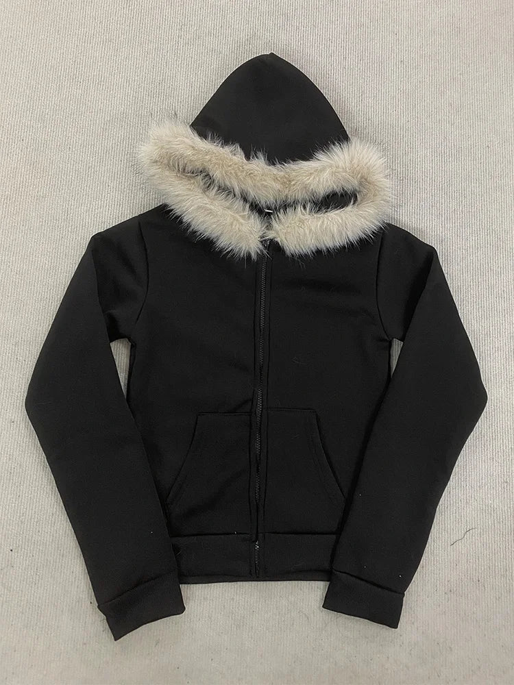 Y2K Harajuku Gothic Women's Hoodie Sexy Slim Chic Suede Fur Collar Letter Print Cardigan Sweatshirt  Female Streetwear