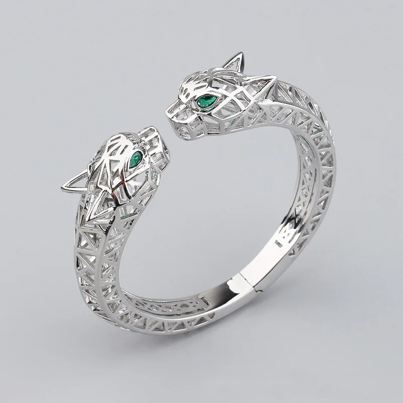 Europe America Style Men Women Lady Plated Gold Color Inlay Cubic Zircon Hollow Out Green Eyes Double Leopard Open Ring Bracelet