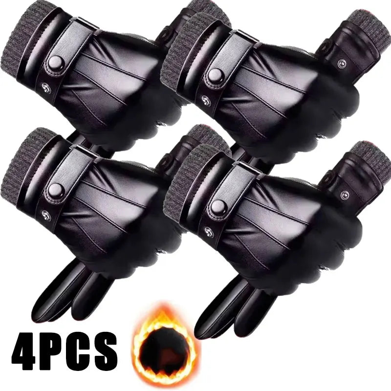 Winter Gloves for Men Genuine Leather Gloves Warm Plus Velvet Touch Screen Gloves Outdoor Cycling Driving Motorcycle PU Gloves