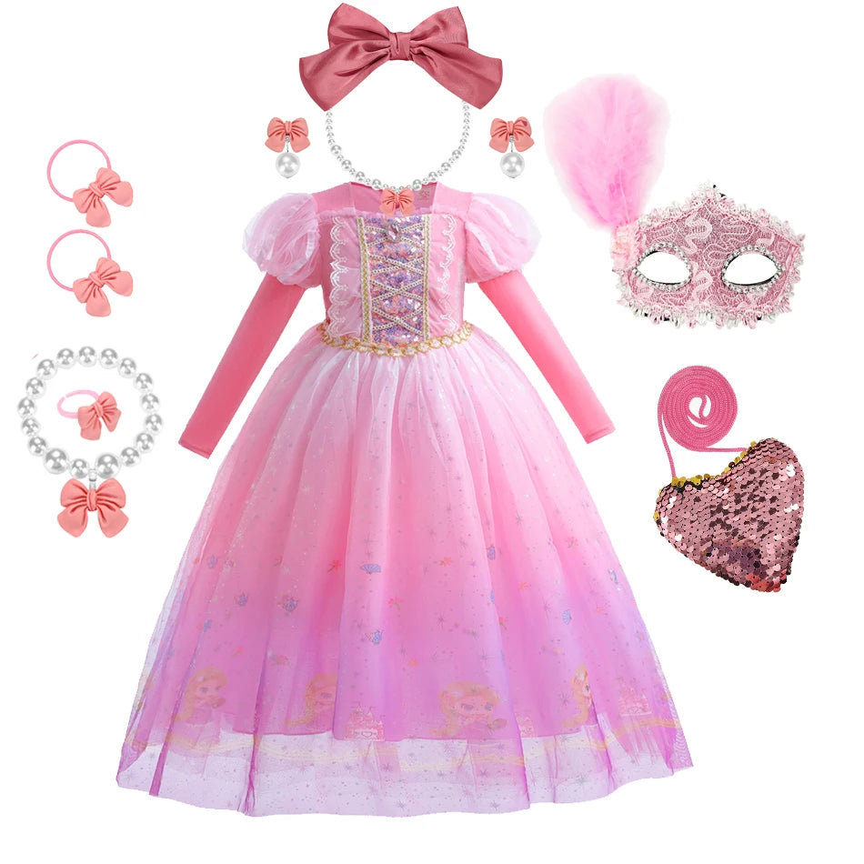 Girls Princess Pink Dress Children Rapunzel Pink Clothing Girls Spring Autumn and Winter Velvet Dress Kids Stage Performs Clothe