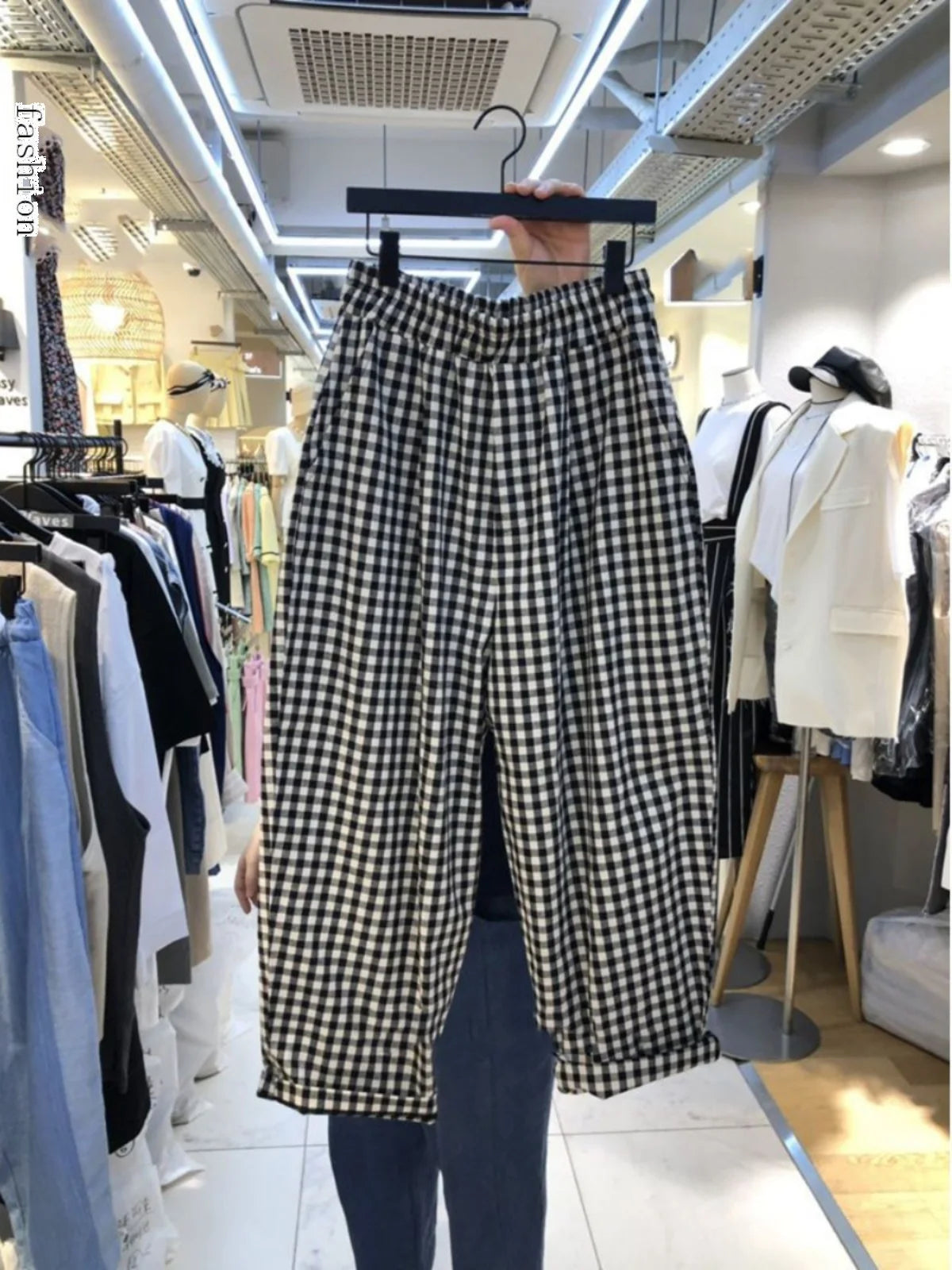 Summer Plaid Wide Leg Casual Pants High Waist Nine Points Faionable Loose Fit plus Size Women's Premium Quali Trousers