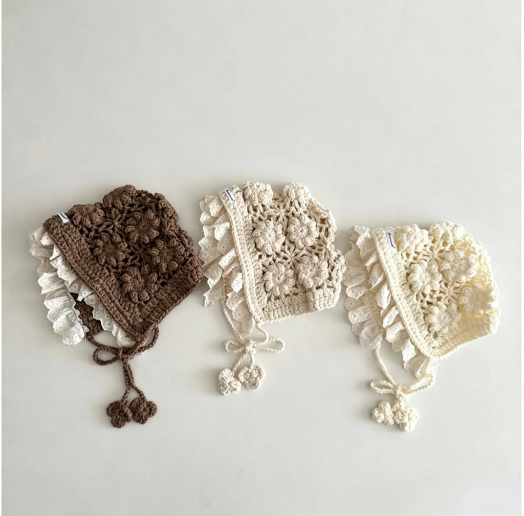 5-10 years old girls Hats Flower Hollow-out Bonnet Jacquard Knitted Cap for Children Hat Outdoor Headwear Kids Hair Accessories