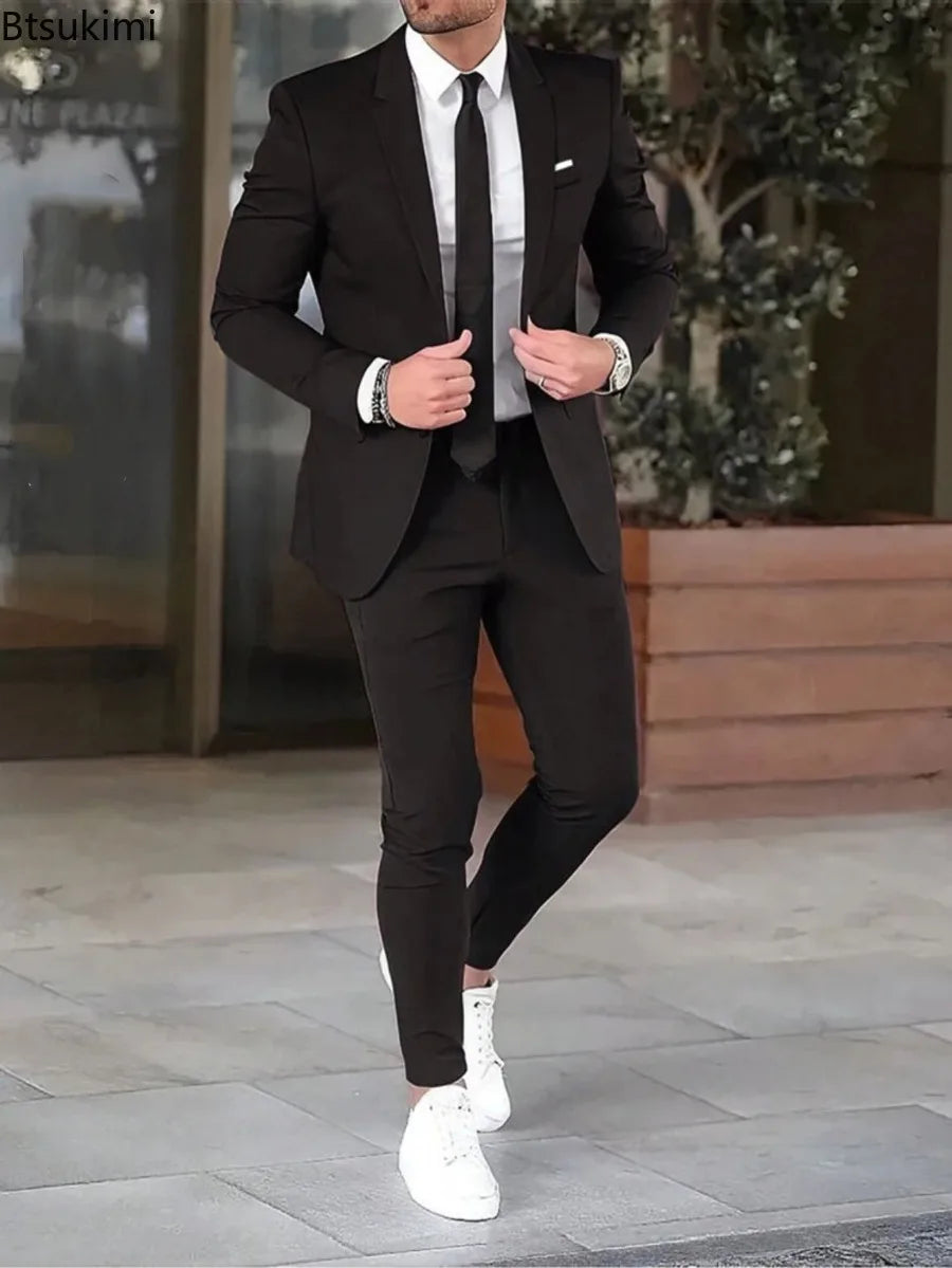 High Quality Men's Suit Sets Fashion Party Wedding Groom Outfits Solid Color Slim Elegant Two Piece Sets Blazer Jacket and Pants