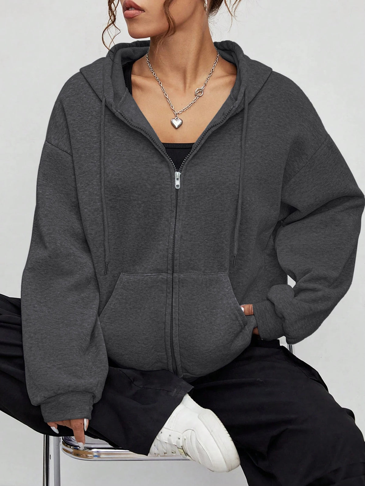 Autumn Fashion Solid Zipper Hoodie Women Warm Fleece Hooded Sweatshirt Casual Street Pocket Sportswear Oversized Female Clothing