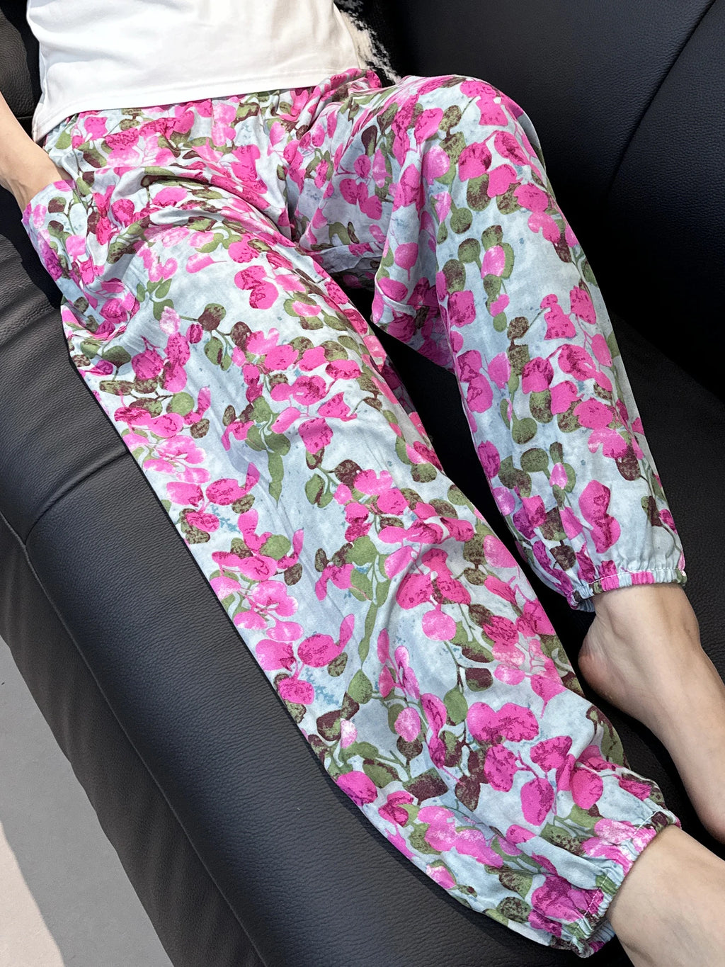 Cool Summer New Silk Cotton Spwear Loose Women's Wide Leg Pants Home Wear Floral Print Heat Resistant Comfortable Casual T...