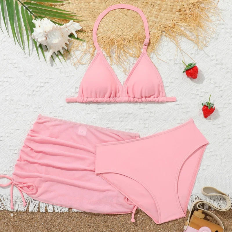 2025New Children's Bikini Swimsuit Cute Girls' Three-Piece Set with Chest Pad for Older Children