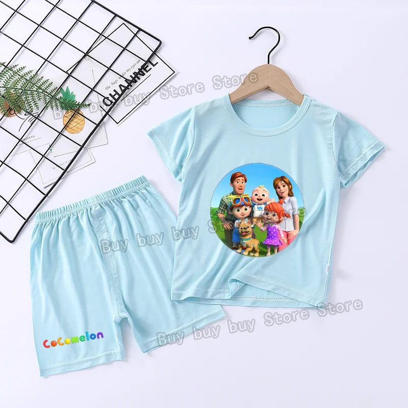 Cocomelons Pajamas Suit Kids Boys Girls Nighty Wears Cool Summer Loungewear Short Sleeve T-shirt Shorts 2pcs Soft Birthday Gift