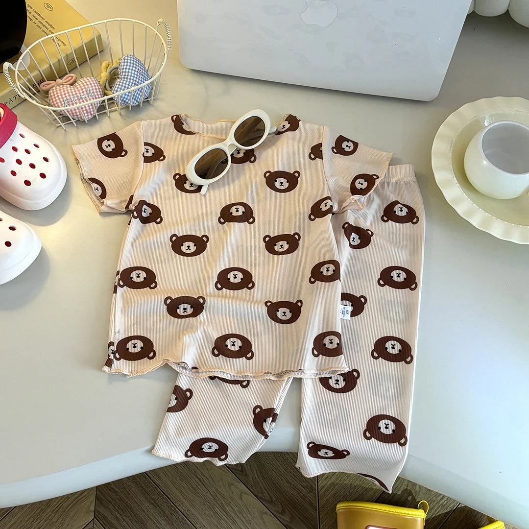 Kids Summer Striped Polka Dot Pajamas Set Baby Girls Short Sleeve Tops+Pants 2PCS  Soft Breathable Loungewear Clothes Set