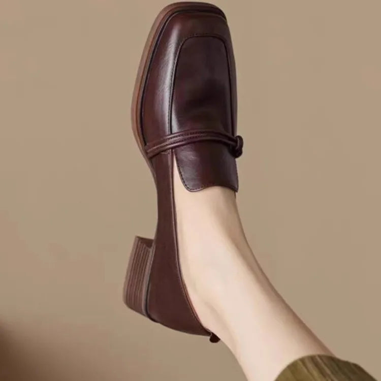 Classic Loafers Women Genuine Cow Leather Square Toe Pumps Slip-on Retro Lady Casual Cozy Shoes Handmade Size 40