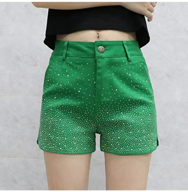 Women's High Waist iny Sequin Denim orts Summer New Sle Korean Version Slimming Elastic Wide Leg A-Line Hot Pants