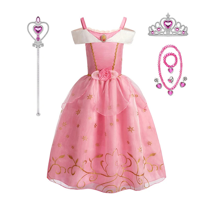 Kids Girls Fairytale Princess Fancy Dress Pink Embroidered Tulle Cosplay Outfit for Halloween Carnival Birthday Daily Wear