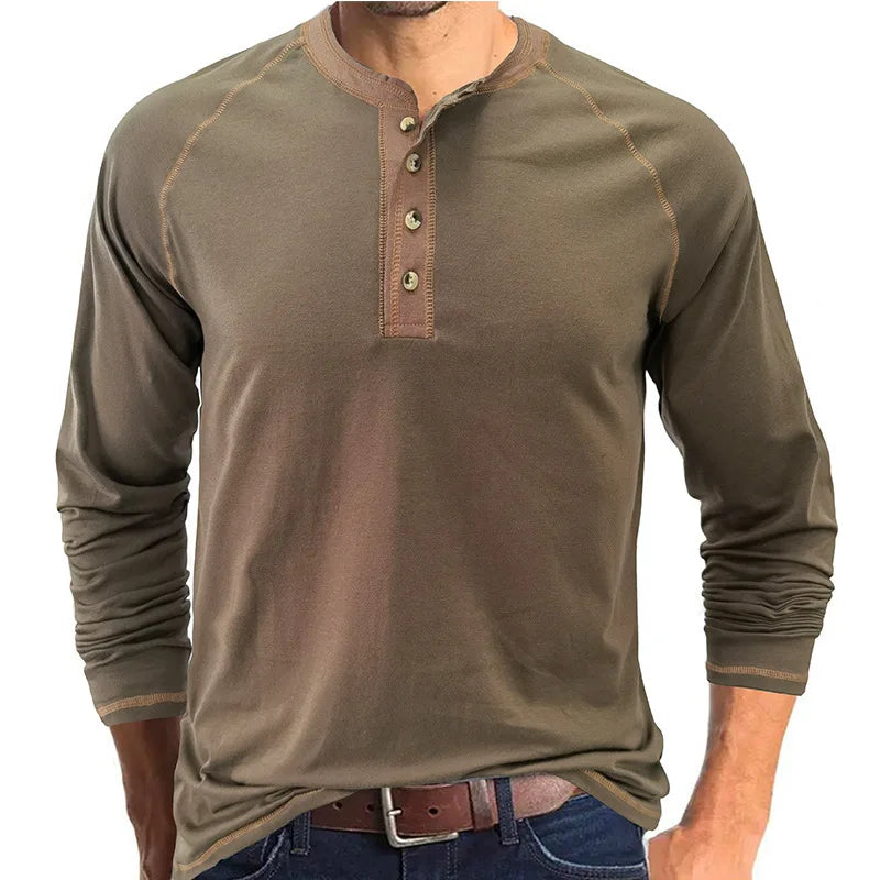 New Men's Long Sleeve Cotton T shirts Men Fashion Henry Collar T shirt Spring Autumn Patchwork Tops Tees Brand Men Clothing 2025
