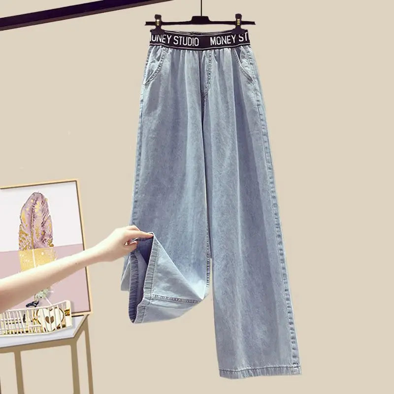 Women 2026 Spring Summer New Sunscreen Shirt+Striped Vest+Wide Leg Jeans 3 Piece Suit Korean Elegant Denim Pants Matching Set