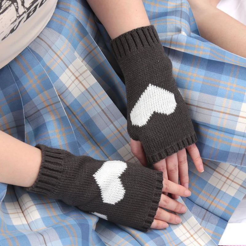 Women Gloves Stylish Hand Warmer Winter Glove Girls Arm Crochet Knitting Goth Lolita Heart Mitten Warm Fingerless Cosplay Gloves
