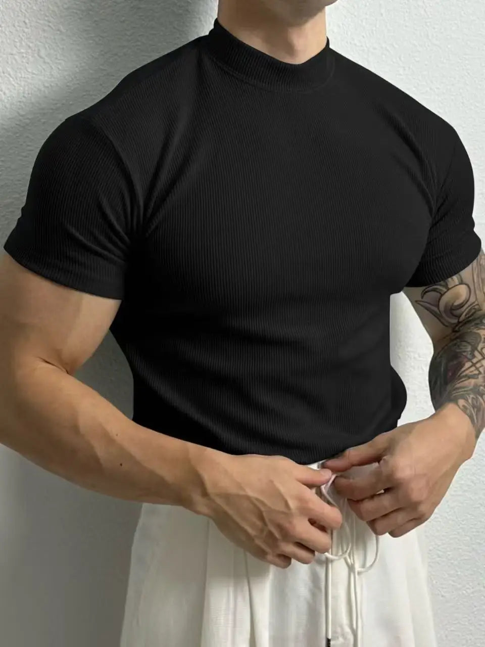 Men sportswear spring summer fashion Men's T-shirt Small high collar stripe shirt short sleeve fitness top leisure sport T-shir