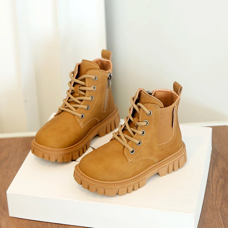 Children Ankle Boots Soild Color Retro Kids Short Boots Round Toes 2025 Autumn Winter New Boys Girls Leather Boots British Style