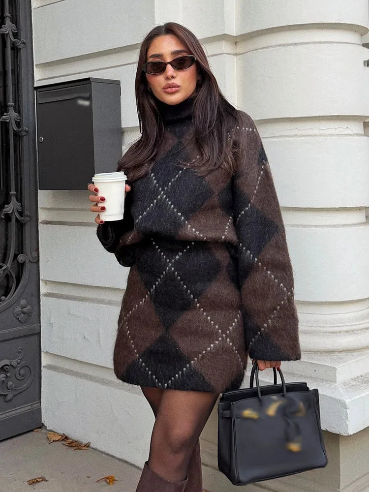 HH Women's Fashion Knitted Single Breasted Long Sleeve O-Neck Sweater+Summer Casual Elastic Waist Solid Mini Skirt Set Mujer