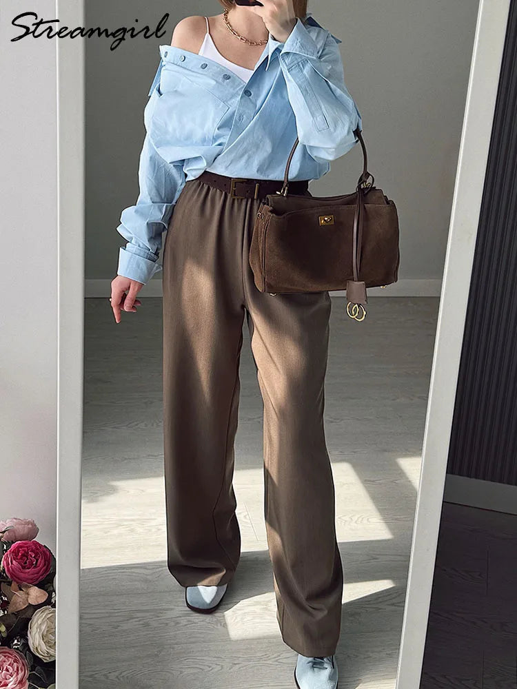 Women Wide Leg Pants Formal Gray Long Office Wear Pants Ladies Spring Straight Leg Black Work Trousers For Women Office Summer