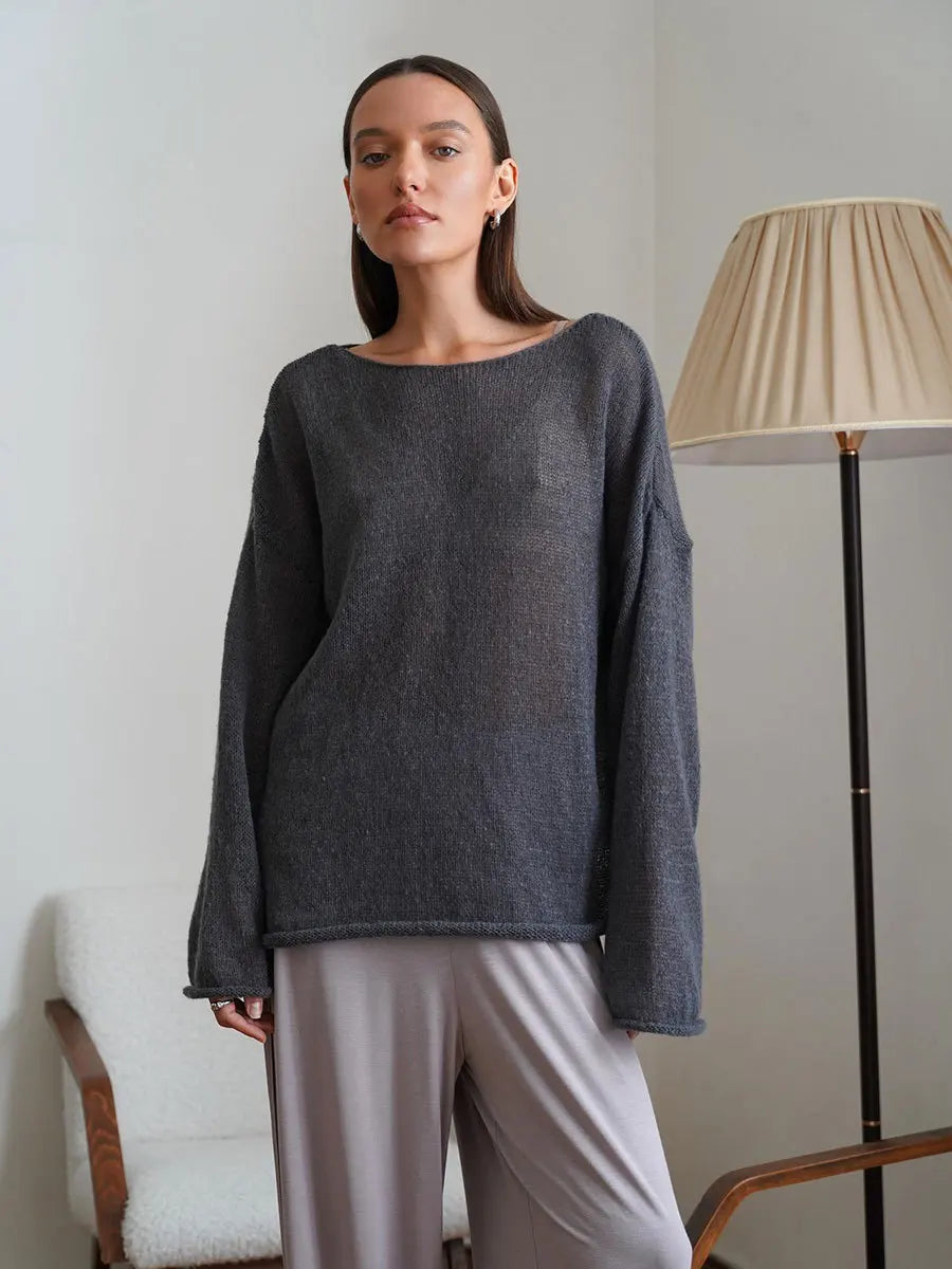 Spring Summer Hollow Knitted Oversized Sweater T Shirt Round Neck Long Sleeves Tops Loose Elegant Pullover for Women Clothing