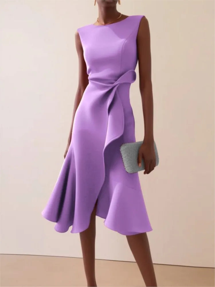 Woman's Foreign Style Party Prom Dress Summer Sexy Sleeveless Fashion Irregular Hem Midi Dresses Ladies Solid Color Vestidos