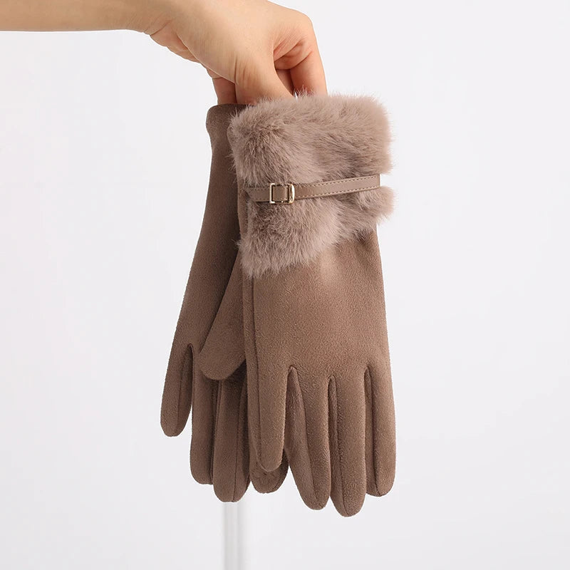 Women's winter gloves with plush lining, warm, windproof, cold-resistant, with plush decoration, touch-screen compatible, suitable for driving and cycling, 1 pair