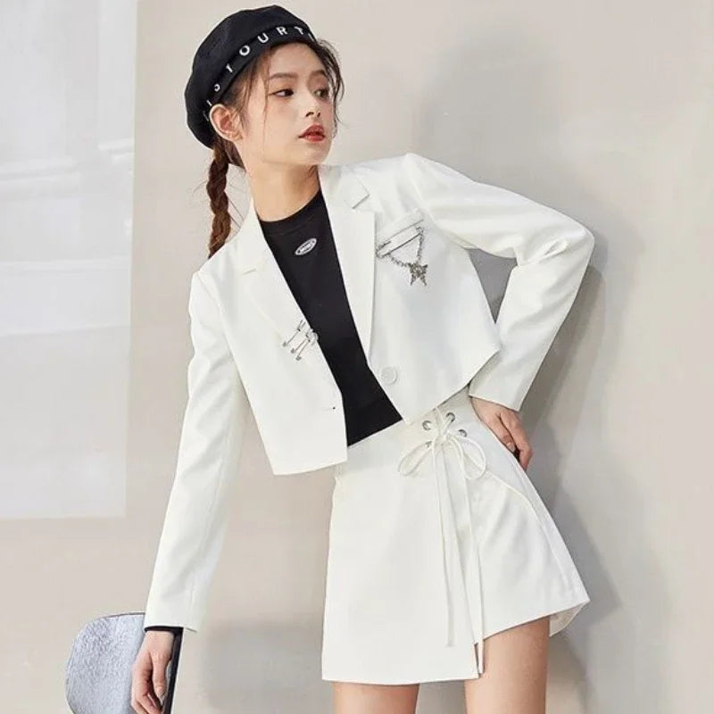 Cropped Blazers Women Designer Chain Notched Hipsters S-3XL Youth Autumn Ulzzang Streetwear Personality Teens Y2k New Overcoats