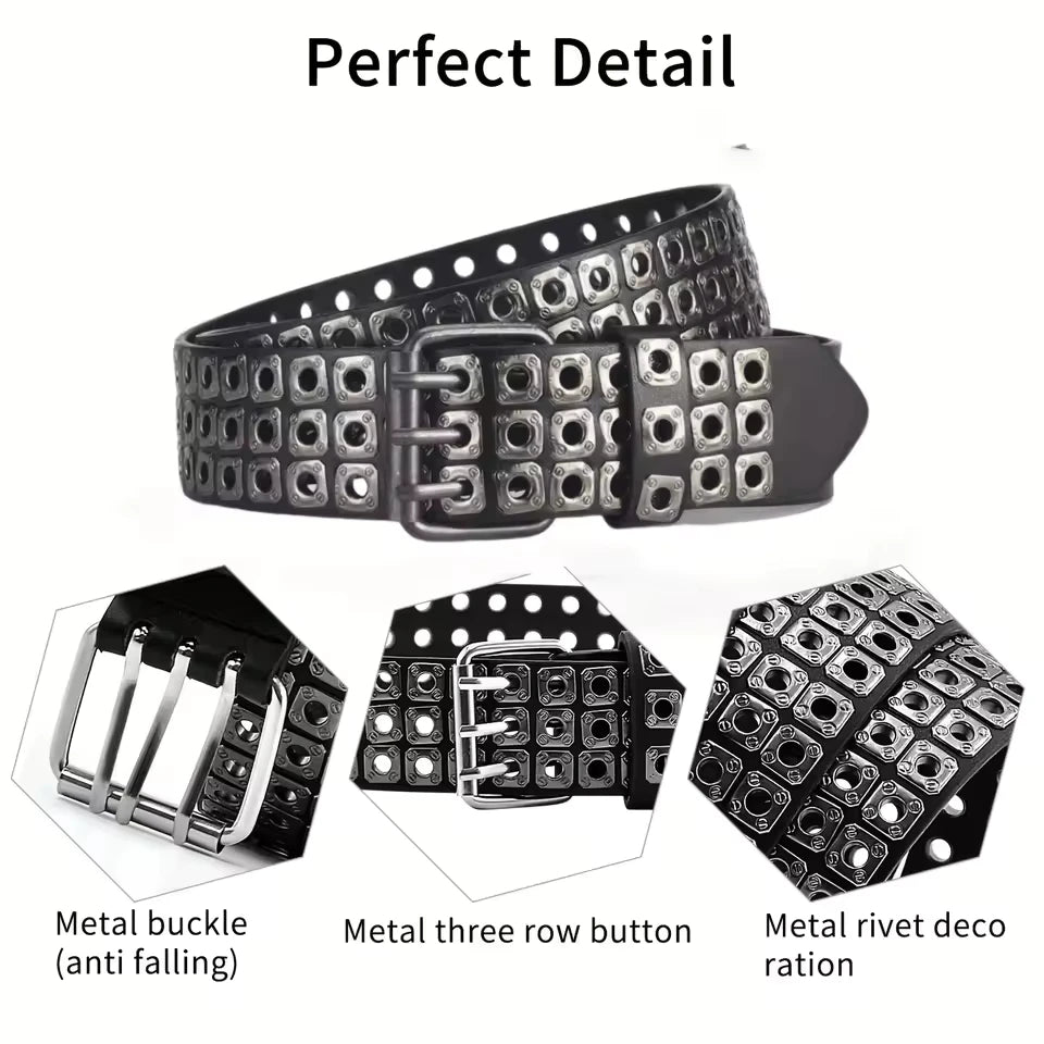 New Women Belt  Fashion Square Beads, Willow Nails, Three Exhaust Eyes, Punk Street Cool, Personalized Men's and Women's Belts