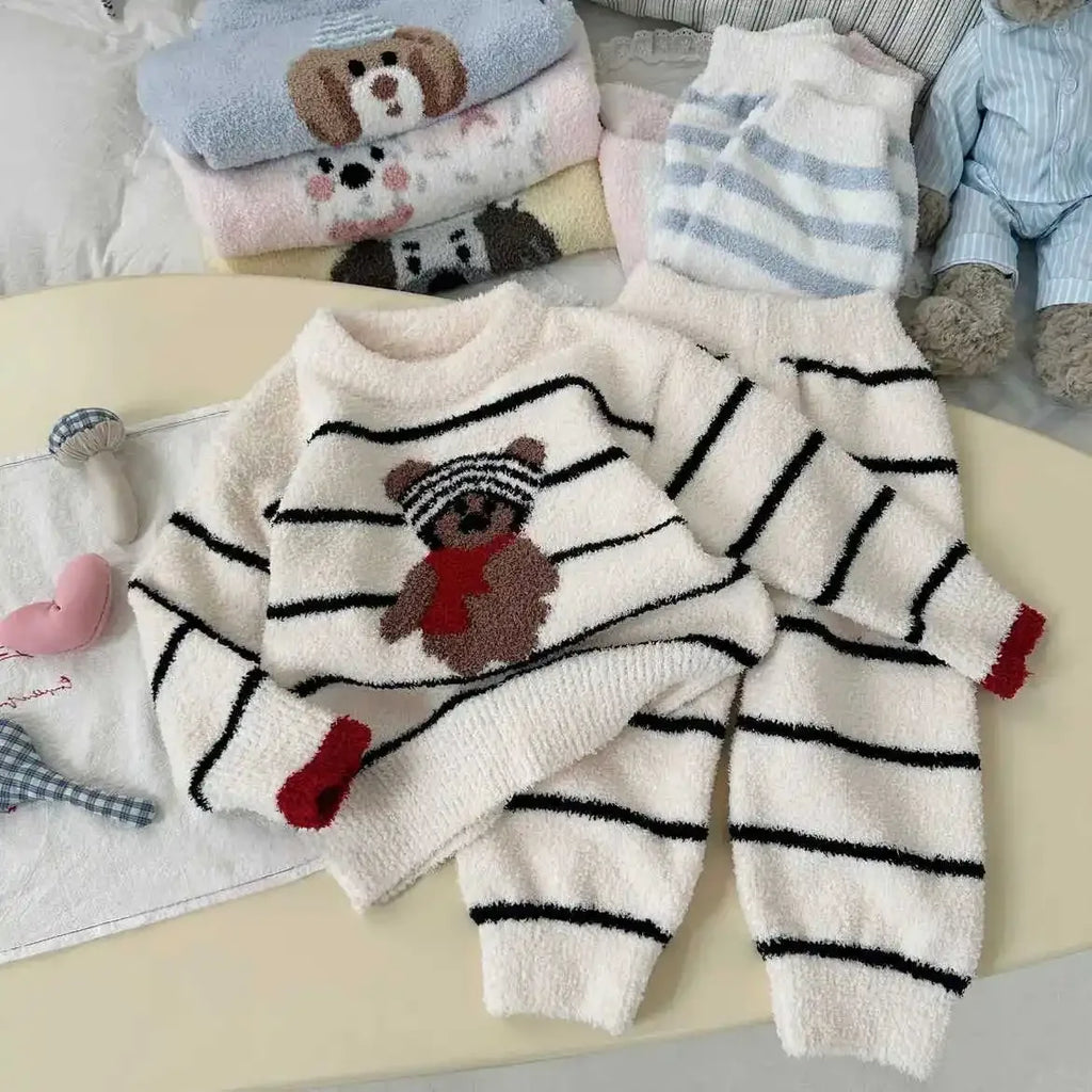 2024 Autumn and Winter Pajamas Autumn and Winter Thickened Children's Suit Girls Coral Velvet Boys Two-piece Set