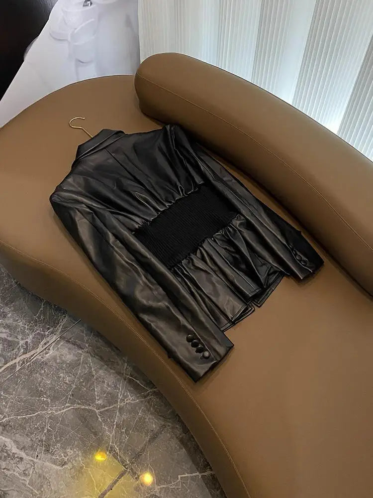Black Suit PU Jacket Women Tops Splicing Knitted Waist Cinching Silhouette Suit Coat Winter Clothes Loose Casual Blazers Women