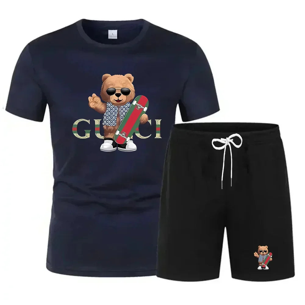New summer fitness sportswear for men, short-sleeved T-shirt and shorts two-piece set, breathable and quick-drying casual wear.