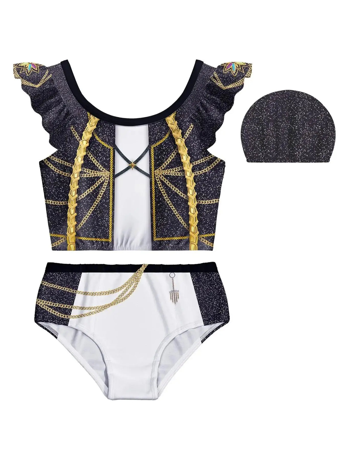 Children's Clothing Girls' Swimsuit Set Cartoon Print Girl Summer Beach Vacation Swimsuit Cute Ruffled Kidsren's Swimsuit + Pants + Hat Three-Piece Set Suitable for Girls Aged 4-11