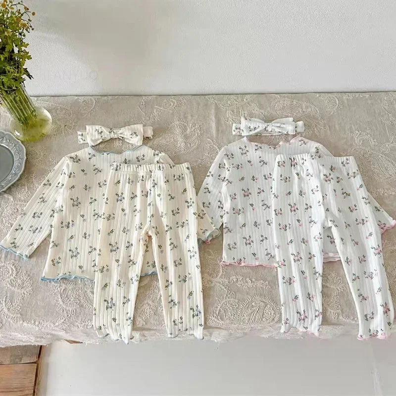 Soft Breathable Kids Newborn Baby Pajamas Set 0-3Y Infant Pink Floral Cotton Home Wear Suit Toddler Girls Sweet Loungewear