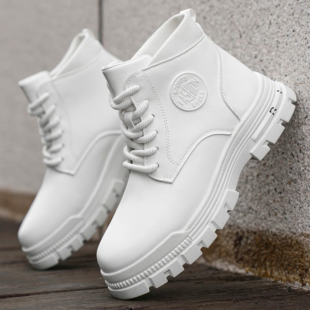 Men's Fashionable All-Season White Motorcycle Boots Autumn Winter Outdoor Hiking Mountaineering Shoes Durable Comfortable