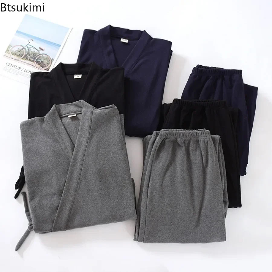 Men's Traditional Japanese Pajamas Sets Fashion Two-sided Plush Thicker Warm Housewear Men Kimono Tops and Pants Nightgown Suit