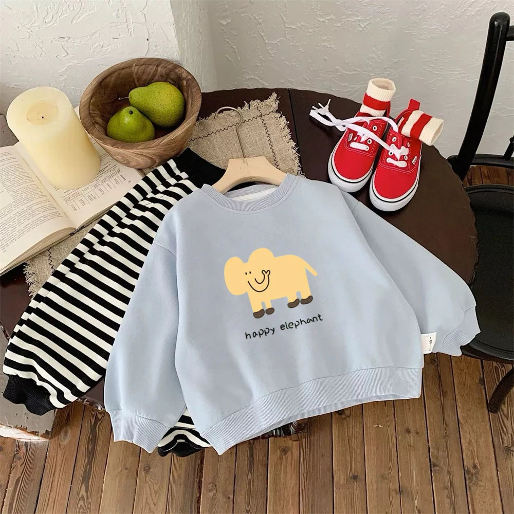 New Cute Sweatshirts Kids Casual Loose Clothes Children Fashion Crewneck Hoodie Cartoon Printed Long Sleeve Thin Simple Tops
