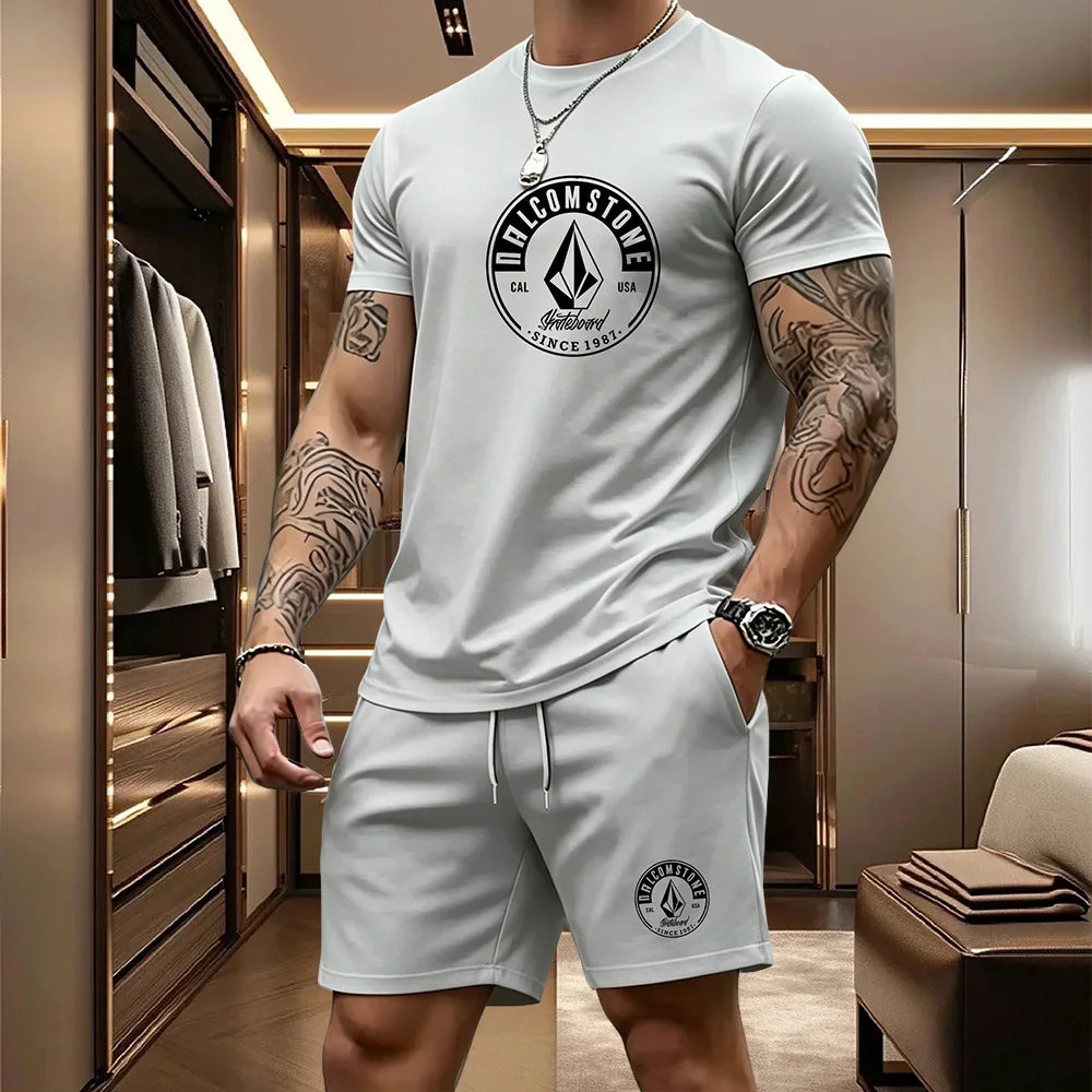 Men's Casual Sportswear 2-piece Set Classic Short Sleeved T-shirt+drawstring Pocket Shorts Street Skateboarding Outdoor Outfit