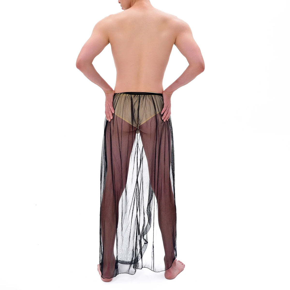 Men Pajamas Sexy Mesh Sleep Bottoms Man See Through Long Sleepwear Culottes Transparent Side Spilt Nightdress