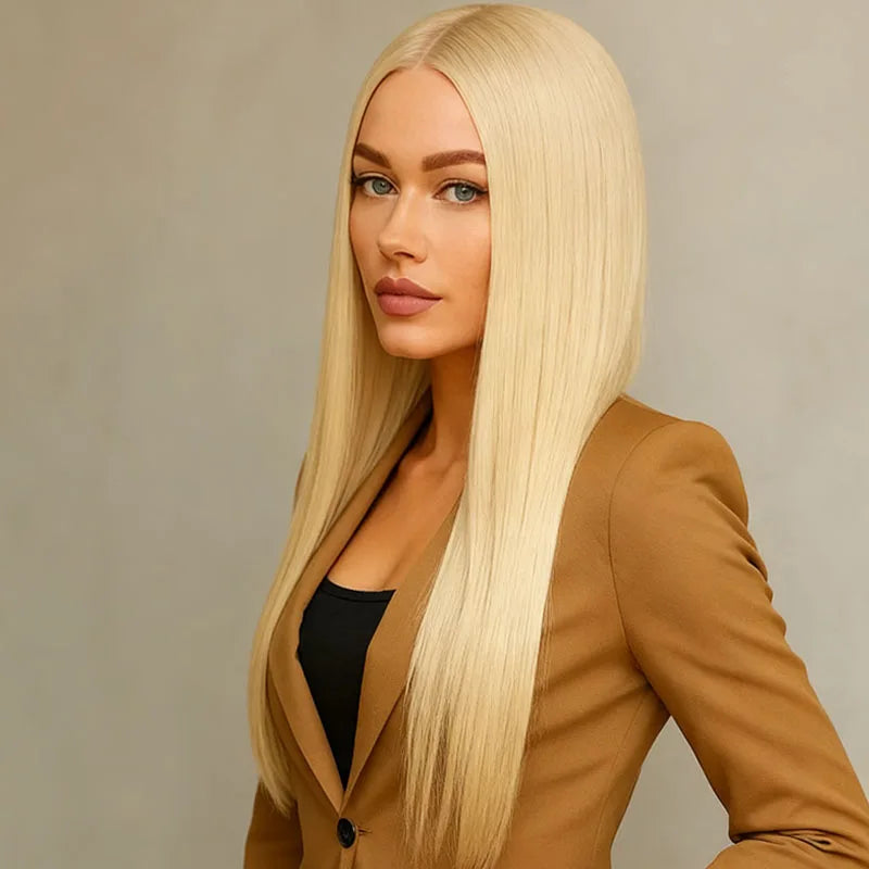 Women's golden 28 inch straight synthetic wig is fashionable and elegant, suitable for daily party wear
