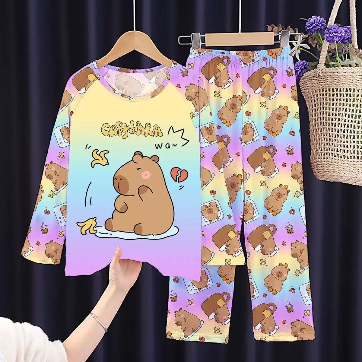 Capibara Kids Pajama Sets Long Sleeve Loungewear with Cute Animal Print Soft Sleepwear for Boys Girls Cartoon Sleepwear Outfit